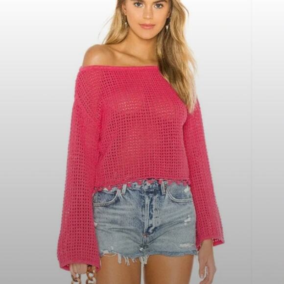 TULAROSA x Revolve SZ XS Pink Open Knit Boat Neck Sweater With Pom Pom Fringe - Picture 1 of 6
